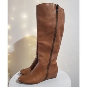 Corso Como Doyle Tall Leather Wedge Riding Boots Size 7 Tan Double Zip Knee High
